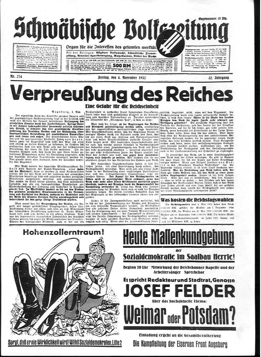 Anzeige der SVZ zur Ankndigung einer Rede Josef Felders 4.11.1932